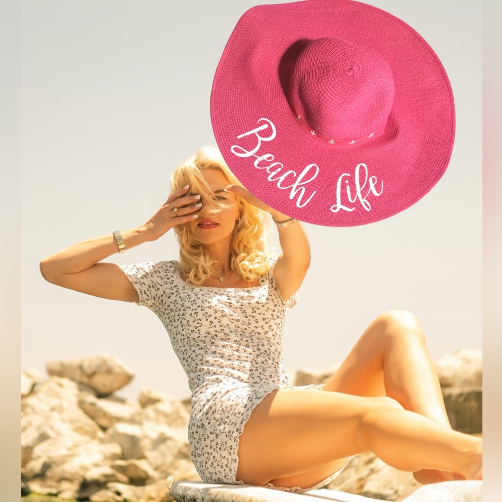 Coastalista Pink Sunhat Large Brim Embroidered Beach Life